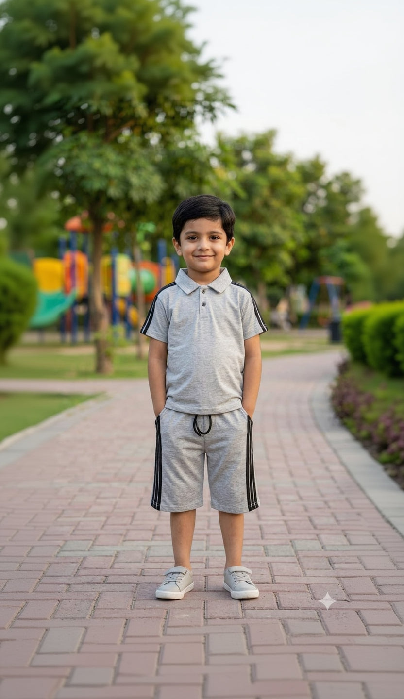 1. Boys' Grey Cotton Polo Suit with Contrast Racing Stripes  1 to 8 years