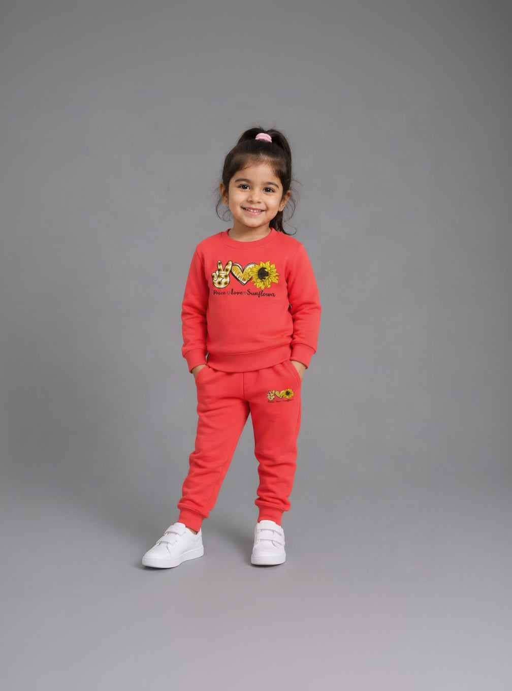23.Girls "Peace Love Sunflower" Fleece Tracksuit Set – Coral Pink / Red (Ages 1–12 Years)