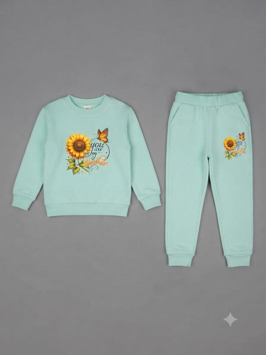 30.Title:  Girls "You Are My Sunshine" Sunflower Fleece Tracksuit Set – Light Mint Green (Ages 1–12 Years)