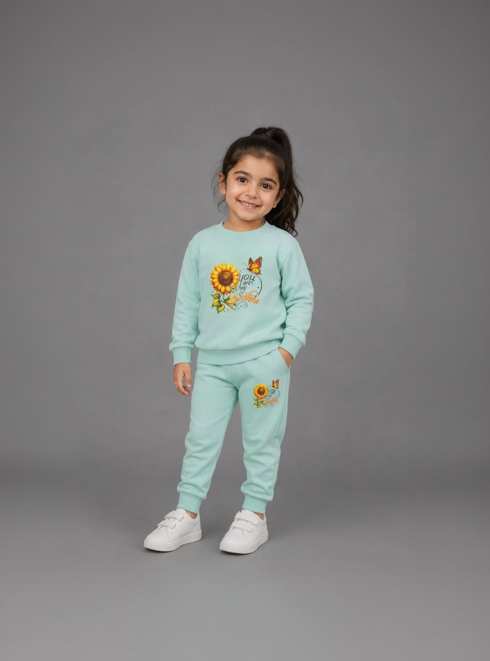 30.Title:  Girls "You Are My Sunshine" Sunflower Fleece Tracksuit Set – Light Mint Green (Ages 1–12 Years)