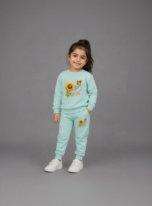30.Title:  Girls "You Are My Sunshine" Sunflower Fleece Tracksuit Set – Light Mint Green (Ages 1–12 Years)